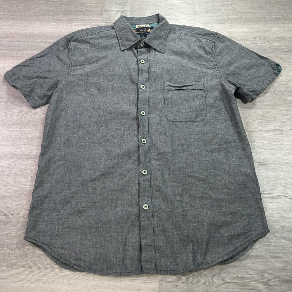Nat Nast Shirt Mens Medium‎ Gray Chambray Short Sleeve Button Down Cotton Pocket